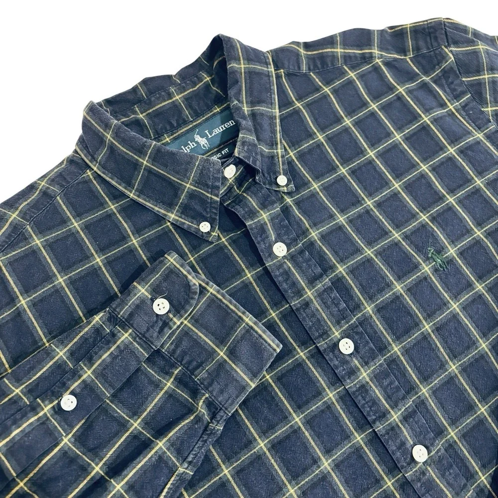 Ralph Lauren Button Down Shirt Mens L Navy Blue Plaid Windowpane Long Sleeve